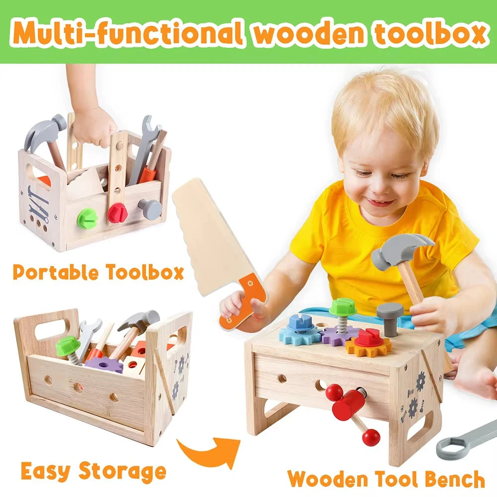Kids Wooden Toolbox Pretend Play Set Nut Disassembly Screw Assembly Simulation Repair Carpenter Tool Montessori Education Toys - Montessori Land