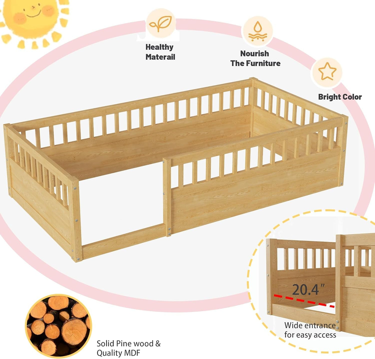 Twin Montessori Floor Bed with High Fence Natural-4