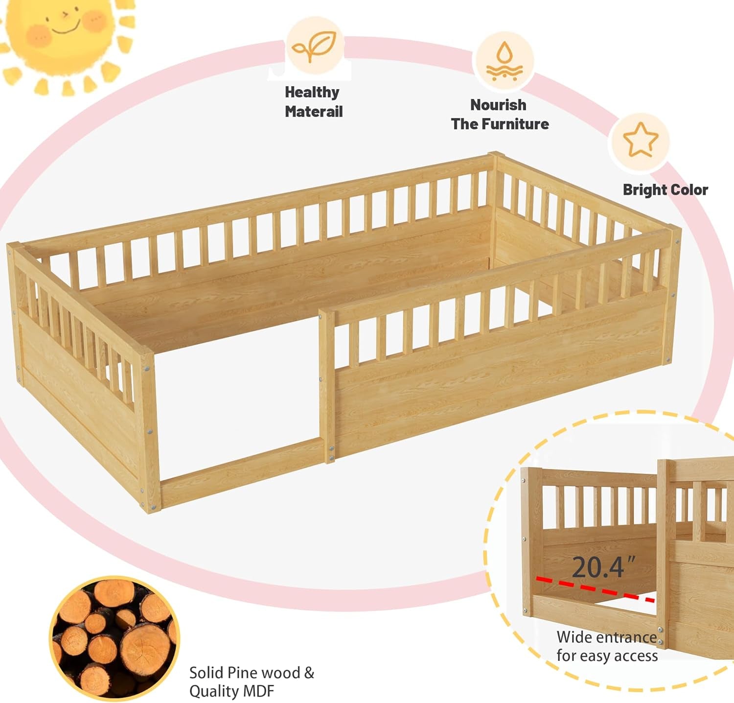 Twin Montessori Floor Bed with High Fence Natural-4