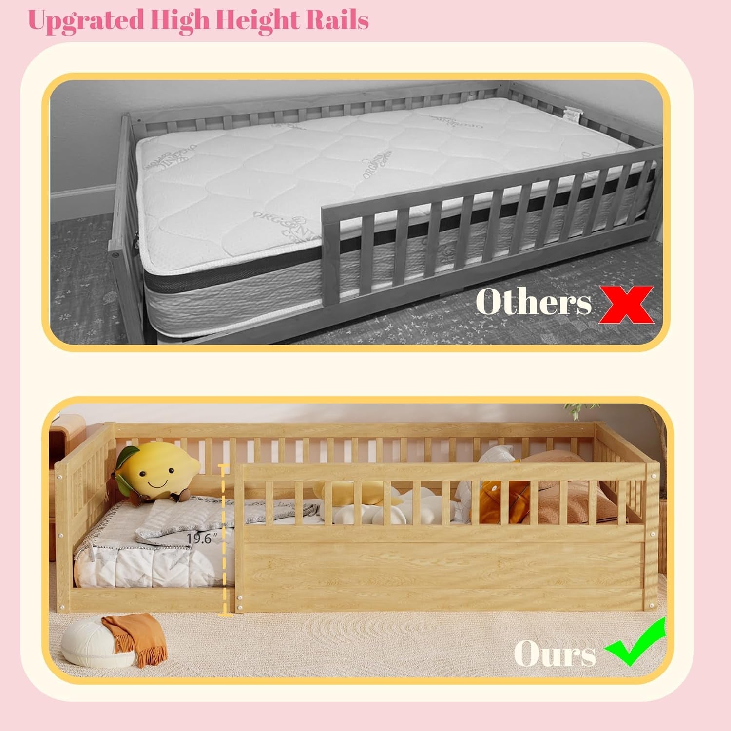 Twin Montessori Floor Bed with High Fence Natural-3