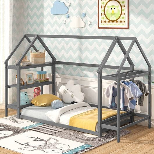 Twin Size Montessori Floor House Bed with Detachable Storage Shelves-Grey-0