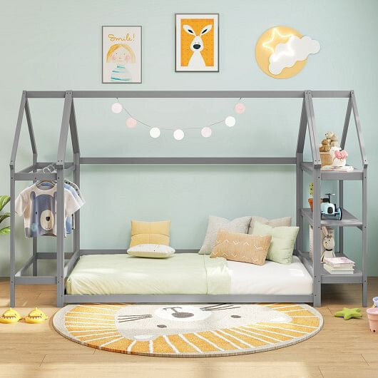 Twin Size Montessori Floor House Bed with Detachable Storage Shelves-Grey-1