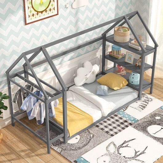 Twin Size Montessori Floor House Bed with Detachable Storage Shelves-Grey-3