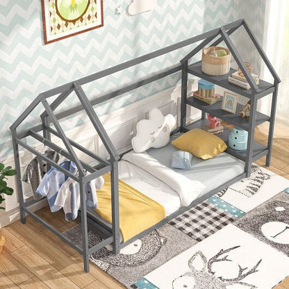 Twin Size Montessori Floor House Bed with Detachable Storage Shelves-Grey-3