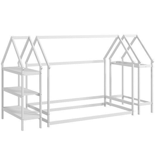 Twin Size Montessori Floor House Bed with Detachable Storage Shelves-Grey-4