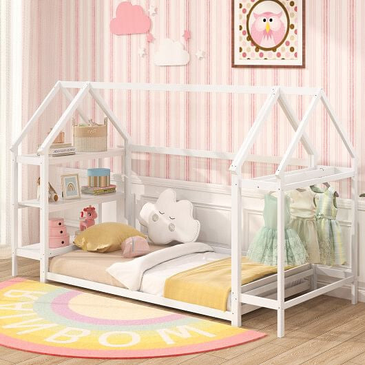 Twin Size Montessori Floor House Bed with Detachable Storage Shelves-Grey-5