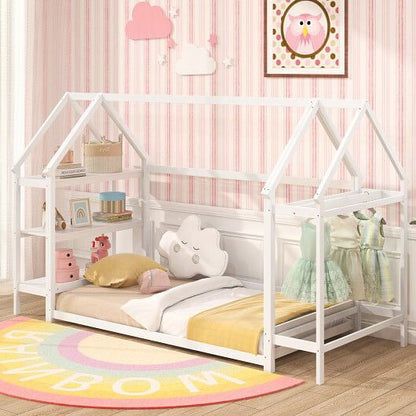 Twin Size Montessori Floor House Bed with Detachable Storage Shelves-Grey-5