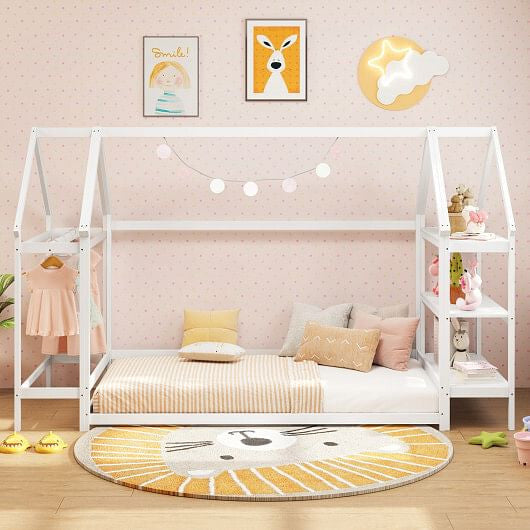 Twin Size Montessori Floor House Bed with Detachable Storage Shelves-Grey-6