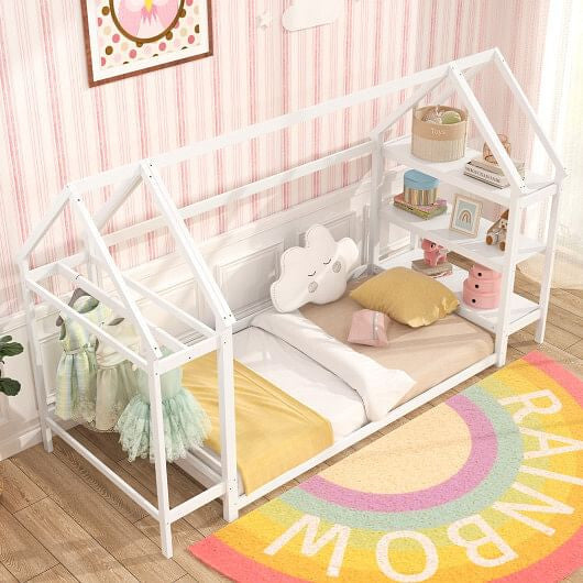 Twin Size Montessori Floor House Bed with Detachable Storage Shelves-Grey-8