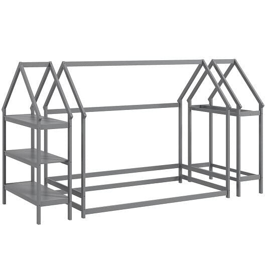 Twin Size Montessori Floor House Bed with Detachable Storage Shelves-Grey-9