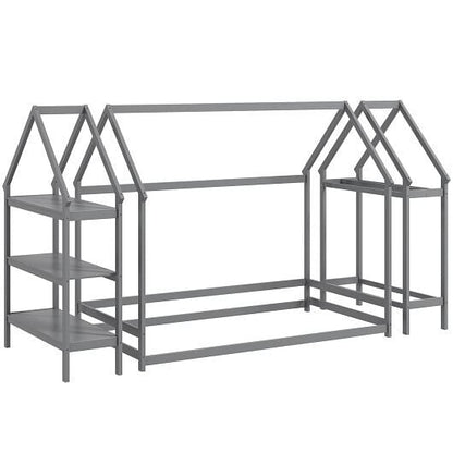 Twin Size Montessori Floor House Bed with Detachable Storage Shelves-Grey-9
