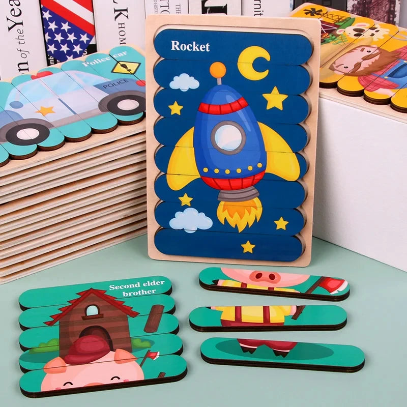 Baby Wooden Montessori Puzzle Child Game Wooden Puzzle 3D Cartoon Animal Puzzle Babies Toys Puzzles For Kids 1 2 3 Year Old - Montessori Land