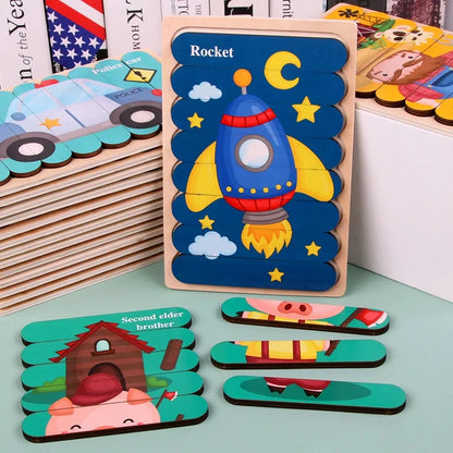 Baby Wooden Montessori Puzzle Child Game Wooden Puzzle 3D Cartoon Animal Puzzle Babies Toys Puzzles For Kids 1 2 3 Year Old - Montessori Land