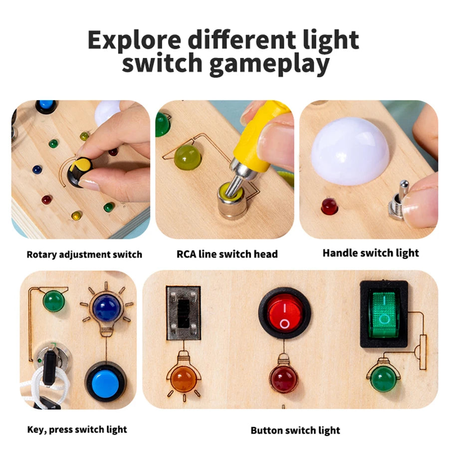 Montessori Busy Board Sensory Toys Wooden With LED Light Switch Control Board Travel Activities Children Games For 2-4 Years Old - Montessori Land