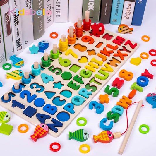 Wooden Number Puzzle Sorting Montessori Toys For Toddlers Shape Sorter Counting Fishing Game Educational Math Stacking Block - Montessori Land