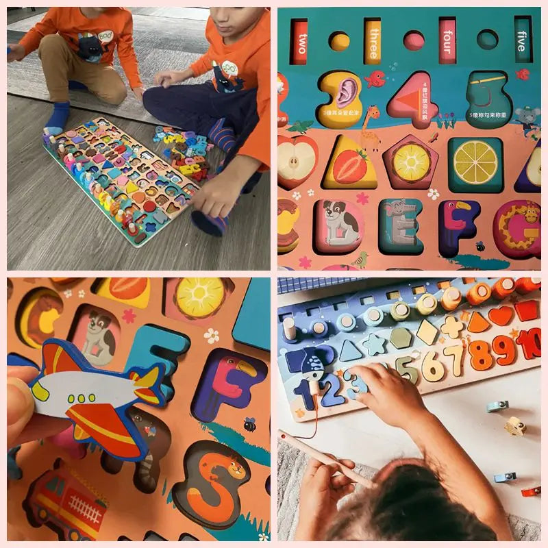 Wooden Number Puzzle Sorting Montessori Toys For Toddlers Shape Sorter Counting Fishing Game Educational Math Stacking Block - Montessori Land